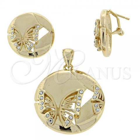 Oro Laminado Earring and Pendant Adult Set, Gold Filled Style Butterfly Design, with White Crystal, Polished, Golden Finish, 5.062.006