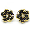 Oro Laminado Stud Earring, Gold Filled Style Flower Design, with Black and White Crystal, Polished, Golden Finish, 02.64.0641.4