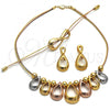 Oro Laminado Necklace, Bracelet and Earring, Gold Filled Style Teardrop and Ball Design, Polished, Tricolor, 06.333.0008