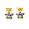 Oro Laminado Stud Earring, Gold Filled Style Flower Design, with Amethyst Cubic Zirconia, Polished, Golden Finish, 02.310.0024.3