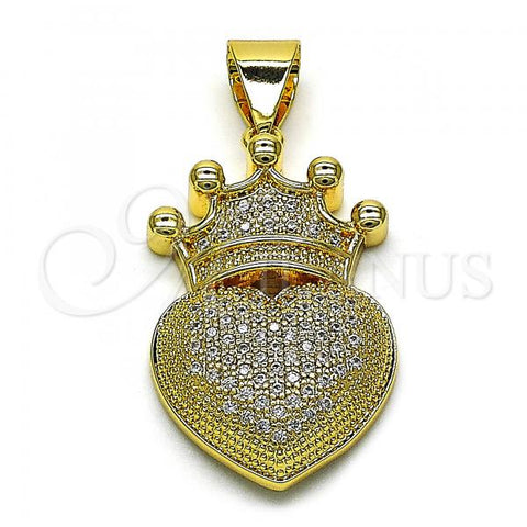 Oro Laminado Fancy Pendant, Gold Filled Style Crown and Heart Design, with White Micro Pave, Polished, Golden Finish, 05.342.0126