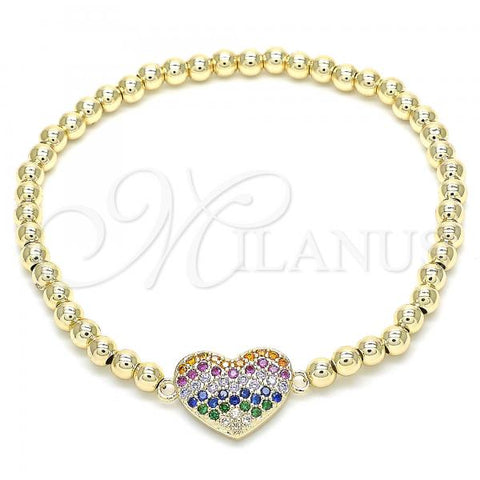 Oro Laminado Fancy Bracelet, Gold Filled Style Expandable Bead and Heart Design, with Multicolor Cubic Zirconia, Polished, Golden Finish, 03.299.0031.07