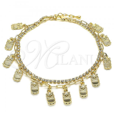 Oro Laminado Charm Anklet , Gold Filled Style Owl and Paperclip Design, with White Crystal, Polished, Golden Finish, 03.372.0013.10