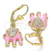 Oro Laminado Dangle Earring, Gold Filled Style Elephant Design, with White Crystal, Pink Enamel Finish, Golden Finish, 02.351.0058.5