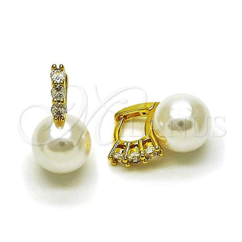 Oro Laminado Huggie Hoop, Gold Filled Style Ball Design, with Ivory Pearl and White Cubic Zirconia, Polished, Golden Finish, 02.341.0239.10