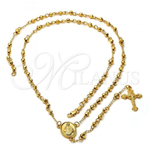 Oro Laminado Thin Rosary, Gold Filled Style Sagrado Corazon de Jesus and Crucifix Design, Polished, Golden Finish, 5.204.004.28