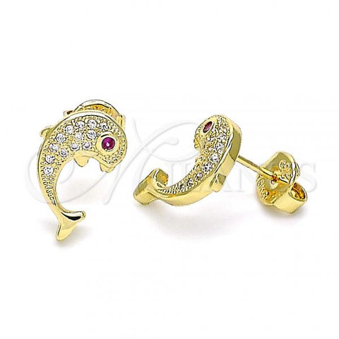 Oro Laminado Stud Earring, Gold Filled Style Dolphin Design, with White Micro Pave and Ruby Cubic Zirconia, Polished, Golden Finish, 02.156.0612
