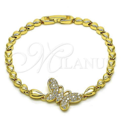 Oro Laminado Fancy Bracelet, Gold Filled Style Butterfly and Heart Design, with White Micro Pave, Polished, Golden Finish, 03.283.0325.07