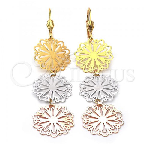 Oro Laminado Long Earring, Gold Filled Style Flower Design, Polished, Tricolor, 5.098.007