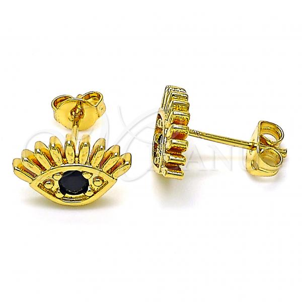 Oro Laminado Stud Earring, Gold Filled Style Evil Eye Design, with Black Cubic Zirconia, Polished, Golden Finish, 02.341.0028.1