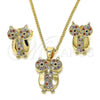 Oro Laminado Earring and Pendant Adult Set, Gold Filled Style Owl Design, with Multicolor Micro Pave, Polished, Golden Finish, 10.316.0037