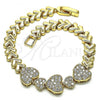 Oro Laminado Fancy Bracelet, Gold Filled Style Heart Design, with White Micro Pave, Polished, Golden Finish, 03.283.0164.07