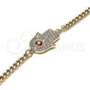 Oro Laminado Fancy Bracelet, Gold Filled Style Hand of God and Evil Eye Design, with White Micro Pave, Red Enamel Finish, Golden Finish, 03.156.0039.08