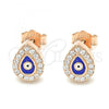 Sterling Silver Stud Earring, Teardrop and Evil Eye Design, with White Cubic Zirconia, Blue Enamel Finish, Rose Gold Finish, 02.336.0156.1