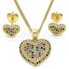 Oro Laminado Earring and Pendant Adult Set, Gold Filled Style Heart Design, with Multicolor Micro Pave, Polished, Golden Finish, 10.156.0251.3