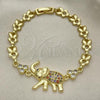 Oro Laminado Fancy Bracelet, Gold Filled Style Elephant and Leaf Design, with Multicolor Micro Pave and White Cubic Zirconia, Polished, Golden Finish, 03.284.0025.1.07