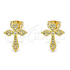 Oro Laminado Stud Earring, Gold Filled Style Cross Design, with White Micro Pave, Polished, Golden Finish, 02.213.0299