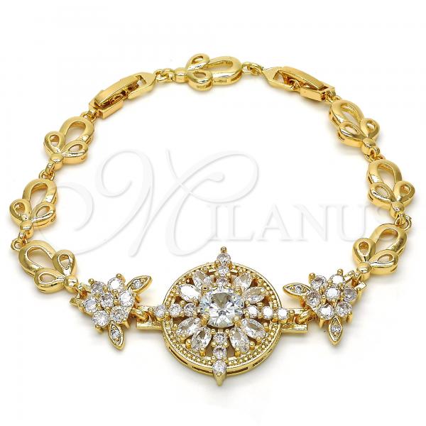 Oro Laminado Fancy Bracelet, Gold Filled Style Flower and Leaf Design, with White Cubic Zirconia, Polished, Golden Finish, 03.205.0019.07