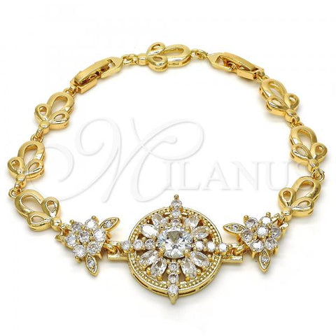 Oro Laminado Fancy Bracelet, Gold Filled Style Flower and Leaf Design, with White Cubic Zirconia, Polished, Golden Finish, 03.205.0019.07