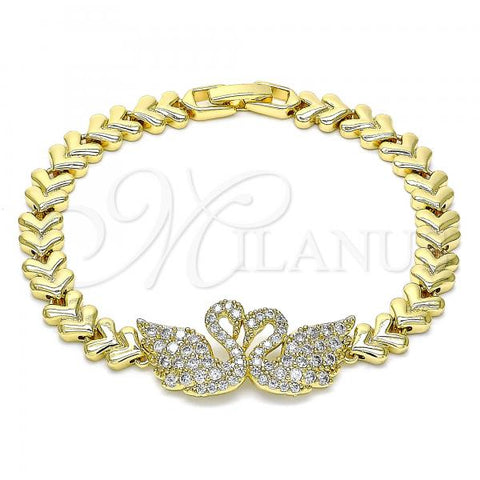 Oro Laminado Fancy Bracelet, Gold Filled Style Swan Design, with White Cubic Zirconia and White Micro Pave, Polished, Golden Finish, 03.283.0060.07