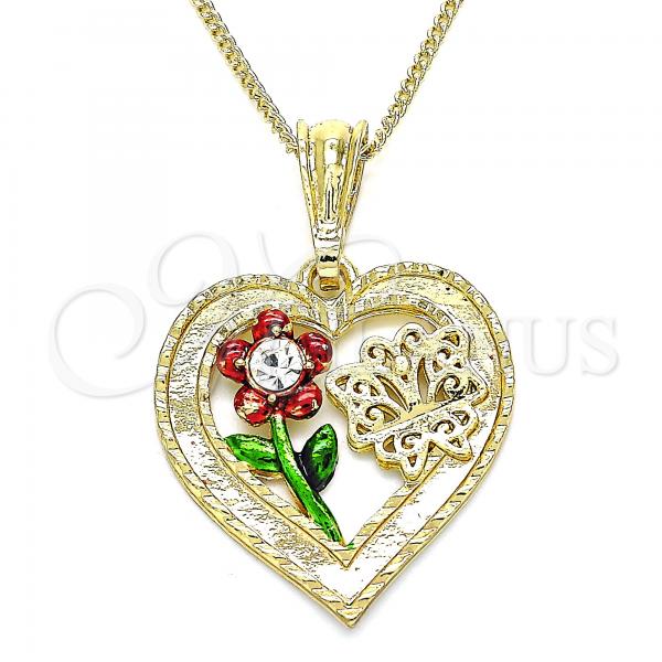 Oro Laminado Pendant Necklace, Gold Filled Style Heart and Flower Design, with White Crystal, Polished, Tricolor, 04.351.0018.2.20