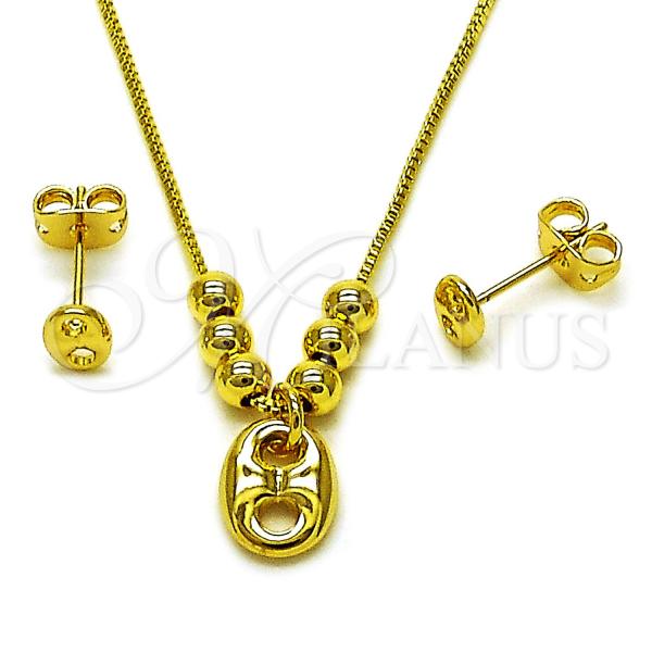 Oro Laminado Earring and Pendant Adult Set, Gold Filled Style Puff Mariner and Box Design, Polished, Golden Finish, 10.341.0013
