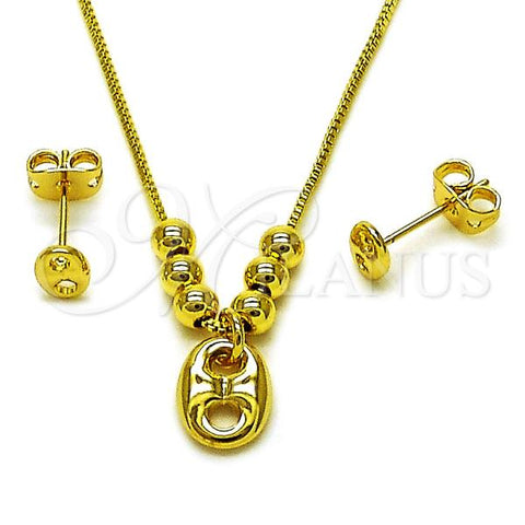 Oro Laminado Earring and Pendant Adult Set, Gold Filled Style Puff Mariner and Box Design, Polished, Golden Finish, 10.341.0013