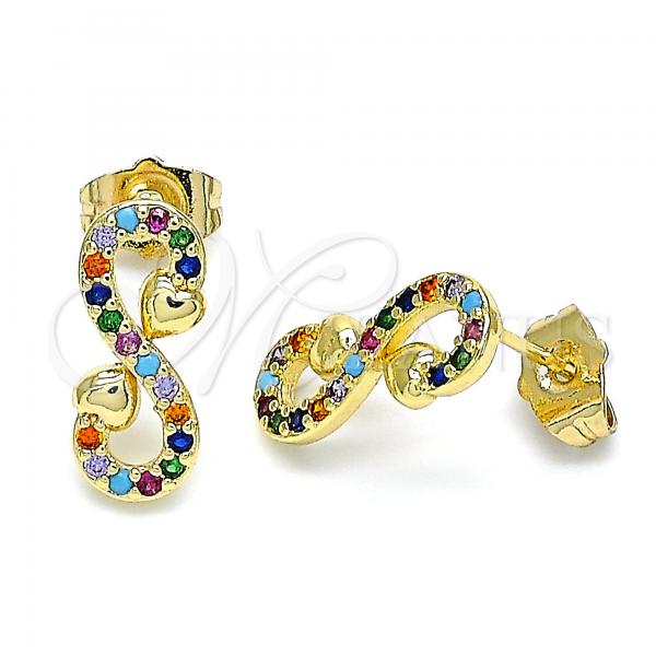 Oro Laminado Stud Earring, Gold Filled Style Infinite and Heart Design, with Multicolor Micro Pave, Polished, Golden Finish, 02.210.0509.1