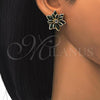 Oro Laminado Stud Earring, Gold Filled Style Flower Design, with Green and White Crystal, Polished, Golden Finish, 02.64.0639.3