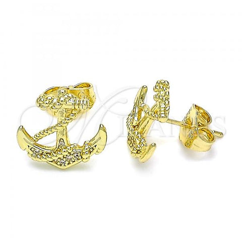 Oro Laminado Stud Earring, Gold Filled Style Anchor Design, with White Micro Pave, Polished, Golden Finish, 02.156.0570
