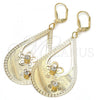Oro Laminado Dangle Earring, Gold Filled Style Flower and Teardrop Design, with White Crystal, Diamond Cutting Finish, Golden Finish, 81.011