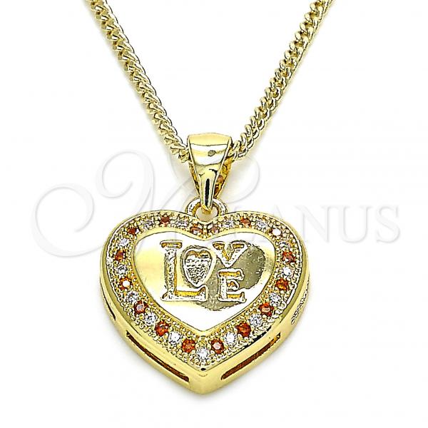 Oro Laminado Pendant Necklace, Gold Filled Style Heart and Love Design, with Garnet and White Micro Pave, Polished, Golden Finish, 04.156.0349.1.20