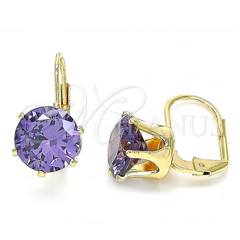 Oro Laminado Leverback Earring, Gold Filled Style with Violet Cubic Zirconia, Polished, Golden Finish, 5.128.061