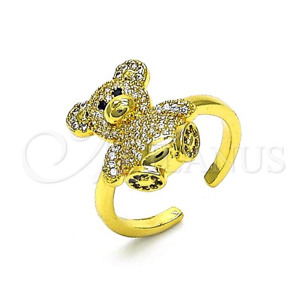 Oro Laminado Multi Stone Ring, Gold Filled Style Teddy Bear Design, with White and Black Micro Pave, Polished, Golden Finish, 01.341.0112
