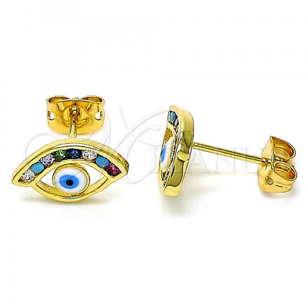 Oro Laminado Stud Earring, Gold Filled Style Evil Eye Design, with Multicolor Cubic Zirconia, Blue Enamel Finish, Golden Finish, 02.341.0031
