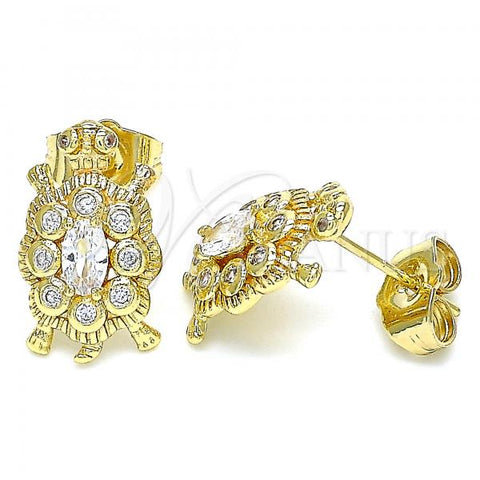 Oro Laminado Stud Earring, Gold Filled Style Turtle Design, with White Cubic Zirconia, Polished, Golden Finish, 02.210.0414
