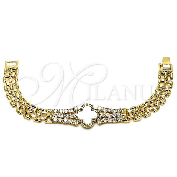 Oro Laminado Fancy Bracelet, Gold Filled Style Four-leaf Clover Design, with Ivory Mother of Pearl and White Cubic Zirconia, Polished, Golden Finish, 03.283.0435.07