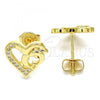 Oro Laminado Stud Earring, Gold Filled Style Heart and Dolphin Design, with White Micro Pave, Polished, Golden Finish, 02.156.0324