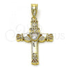 Oro Laminado Religious Pendant, Gold Filled Style Cross and Heart Design, with White Cubic Zirconia, Polished, Golden Finish, 05.253.0187