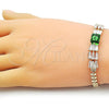 Oro Laminado Fancy Bracelet, Gold Filled Style Baguette and Leaf Design, with Green and White Cubic Zirconia, Polished, Golden Finish, 03.283.0305.3.07