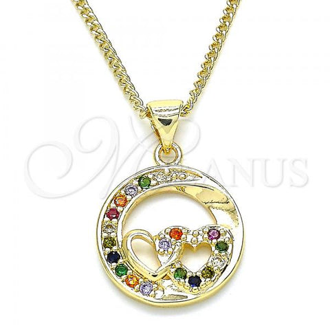 Oro Laminado Pendant Necklace, Gold Filled Style Heart Design, with Multicolor Micro Pave, Polished, Golden Finish, 04.156.0328.3.20