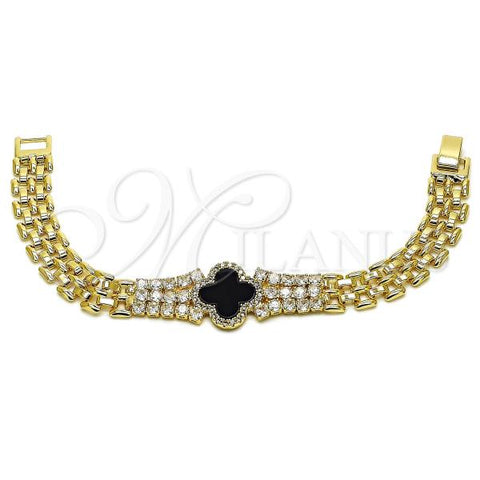 Oro Laminado Fancy Bracelet, Gold Filled Style Four-leaf Clover Design, with Black Mother of Pearl and White Cubic Zirconia, Polished, Golden Finish, 03.283.0435.2.07