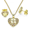 Oro Laminado Earring and Pendant Adult Set, Gold Filled Style Heart Design, with Garnet and White Micro Pave, Polished, Golden Finish, 10.199.0068.2