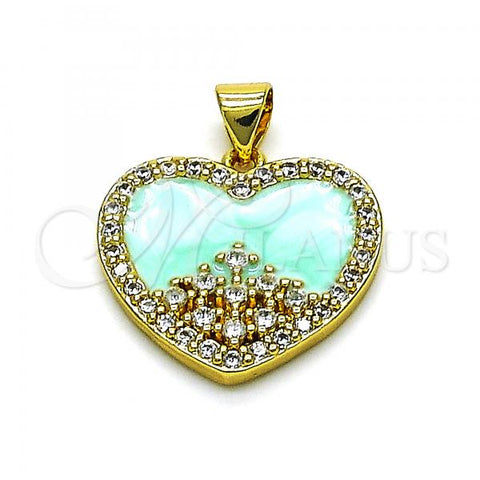 Oro Laminado Fancy Pendant, Gold Filled Style Heart Design, with White Cubic Zirconia, Turquoise Enamel Finish, Golden Finish, 05.381.0016.2