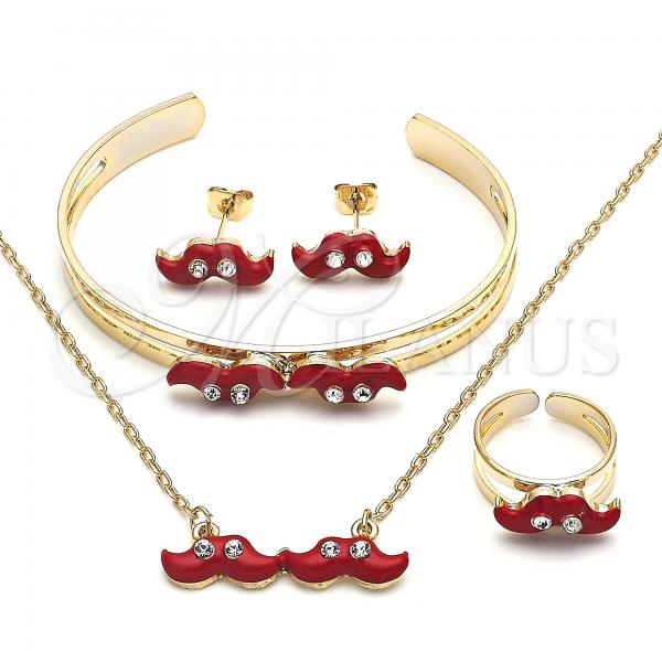 Oro Laminado Earring and Pendant Children Set, Gold Filled Style Moustache Design, with White Crystal, Red Enamel Finish, Golden Finish, 06.65.0148