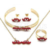 Oro Laminado Earring and Pendant Children Set, Gold Filled Style Moustache Design, with White Crystal, Red Enamel Finish, Golden Finish, 06.65.0148