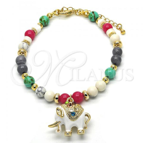 Oro Laminado Charm Bracelet, Gold Filled Style Elephant Design, with Multicolor Crystal, White Enamel Finish, Golden Finish, 03.65.1174.1.07