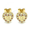 Oro Laminado Stud Earring, Gold Filled Style Heart and Love Design, with Garnet and White Micro Pave, Polished, Golden Finish, 02.344.0024.1