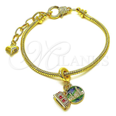 Oro Laminado Fancy Bracelet, Gold Filled Style Rat Tail Design, with White Micro Pave, Red Enamel Finish, Golden Finish, 03.341.0210.07