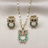 Oro Laminado Earring and Pendant Adult Set, Gold Filled Style Owl Design, with Green and Black Cubic Zirconia, Polished, Golden Finish, 10.196.0175